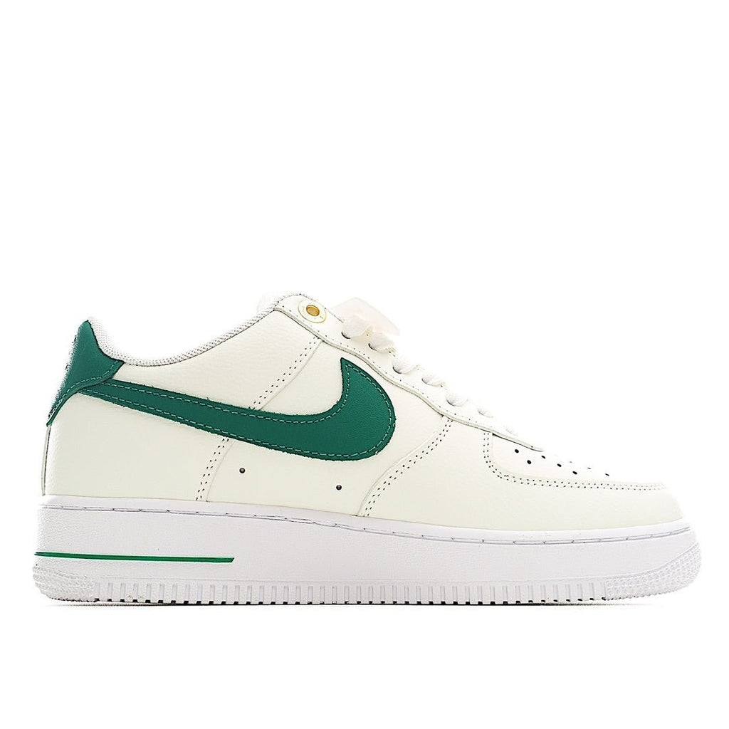 White low-top sneakers with green swoosh and lace-up front