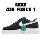 Low-top Nike Air Force 1 sneakers, black/navy with white swoosh and green HY tag