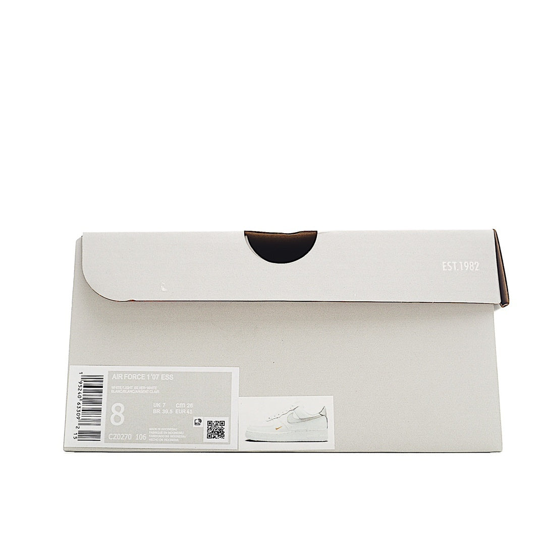 White Nike Air Force 1 shoe box with barcode label and size 8 sticker