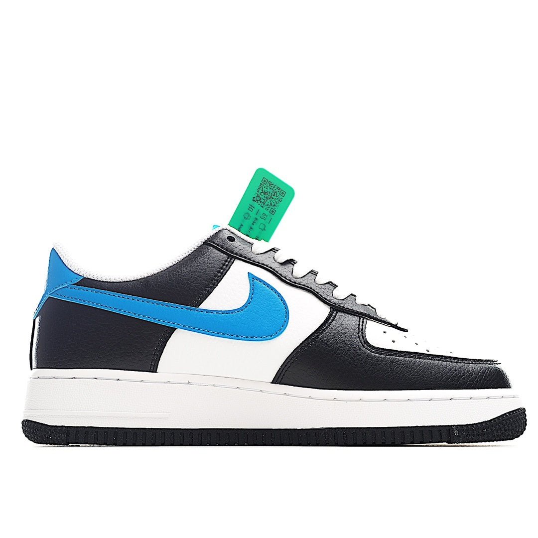 Low-top sneaker profile, black leather with white toe and light blue swoosh; green tag.