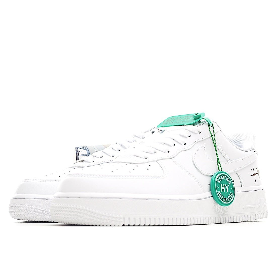 Nike Air Force 1 low-top sneaker, white with green tongue and lace loops