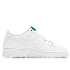 Nike Air Force 1 low-top sneaker, white leather side view with green lace hardware