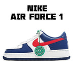 Blue and white low-top sneakers with red swoosh and green lace tag