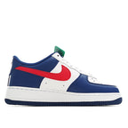 White and blue low-top sneaker with red swoosh and green lace pull