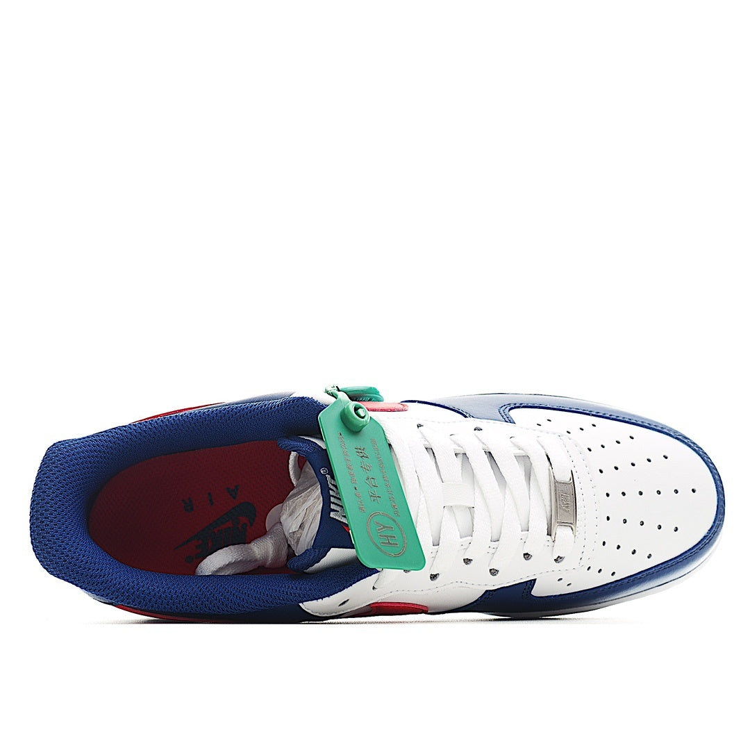 Blue and white low-top sneaker showing interior lining and green lace tag
