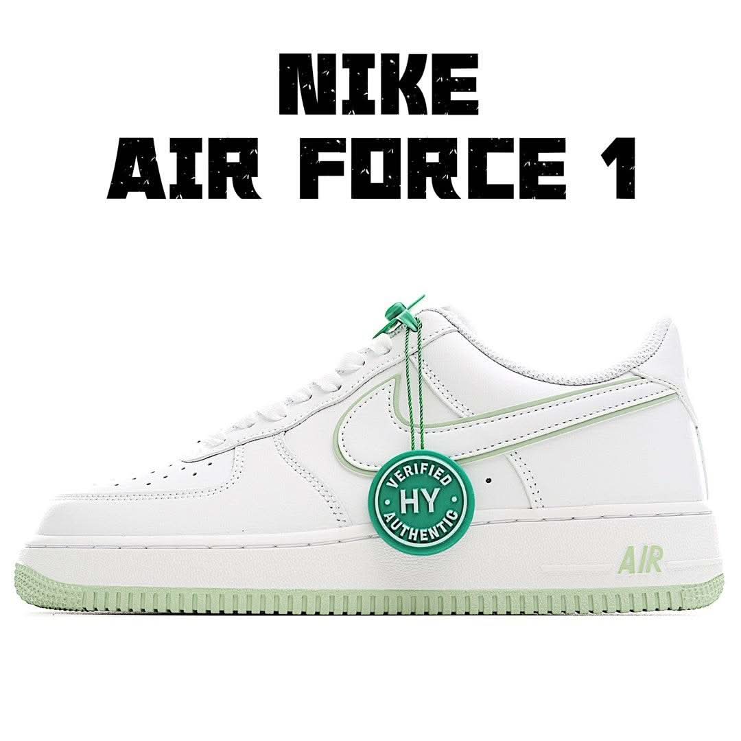 Nike Air Force 1 low-top sneakers, white with green accents and laces