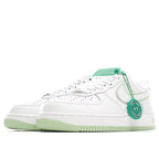 White low-top Air Force 1 sneaker with green heel tag and stitched side swoosh