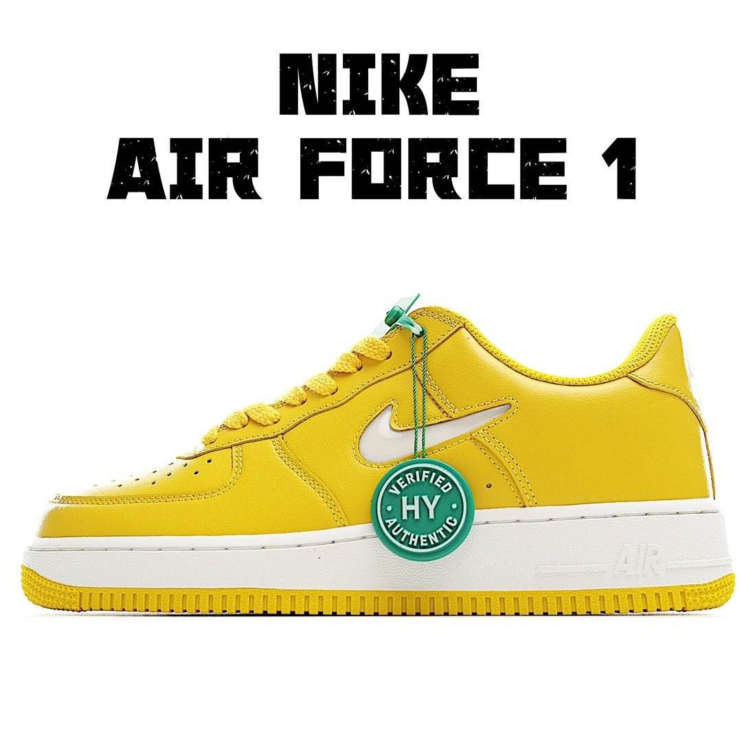 Yellow Nike Air Force 1 low-top sneakers with swoosh and lace-up, white sole