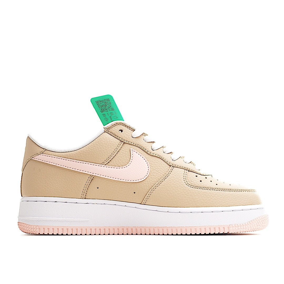 Beige leather sneaker with white swoosh and mint hang tag
