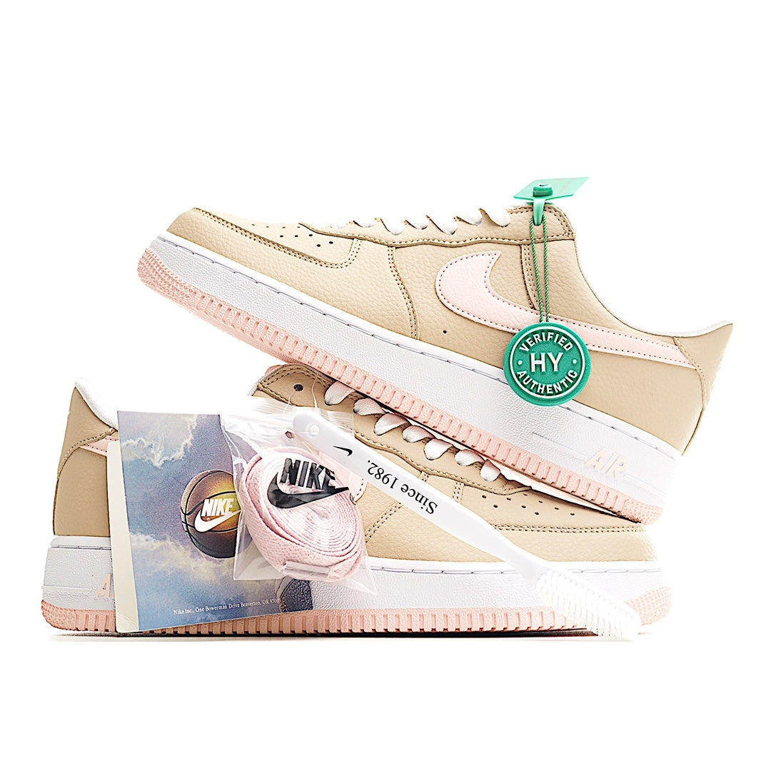 Beige sneaker with white laces and mint HY tag, side view