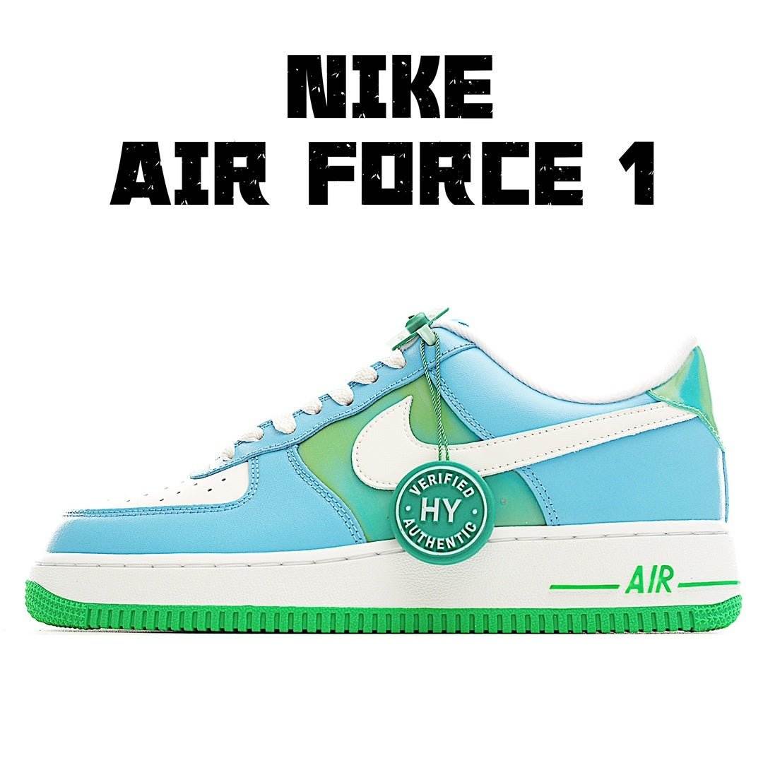 Nike Air Force 1 sneakers, light blue leather with white panels and green accents