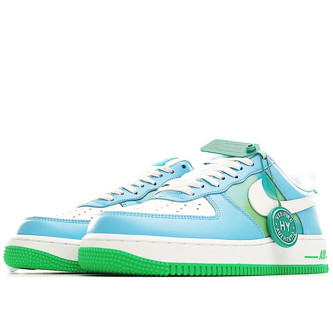 Pair of light blue low-top sneakers with white swoosh and green sole