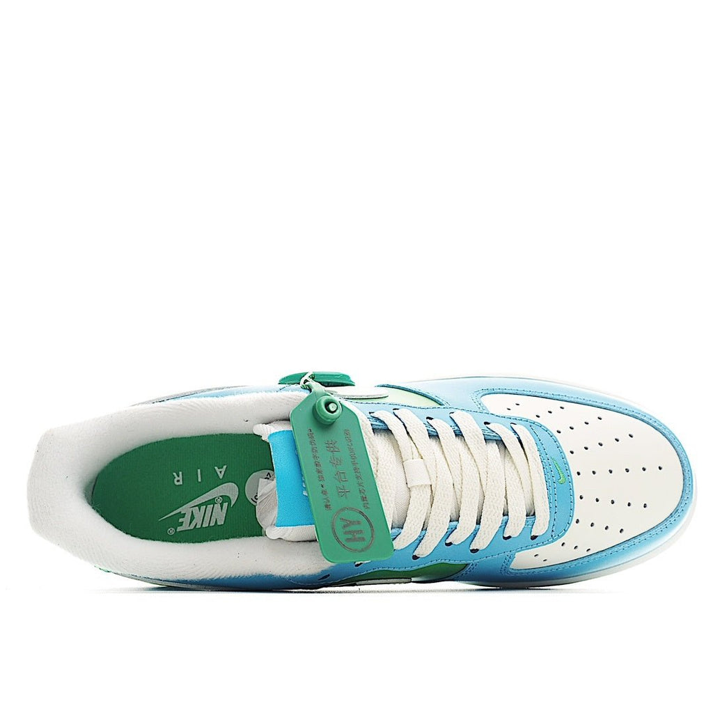 Light blue sneaker interior view with green insole tag
