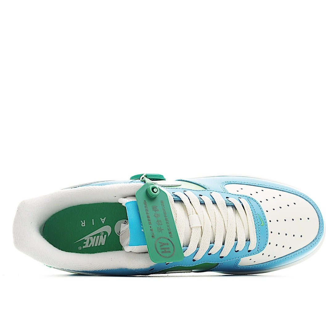 Light blue sneaker interior view with green insole tag