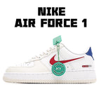 Nike Air Force 1 low-top sneakers, white leather with red swoosh and blue heel panel