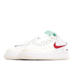 Nike Air Force 1 low-top sneakers, white leather with red swoosh and mint hang tag