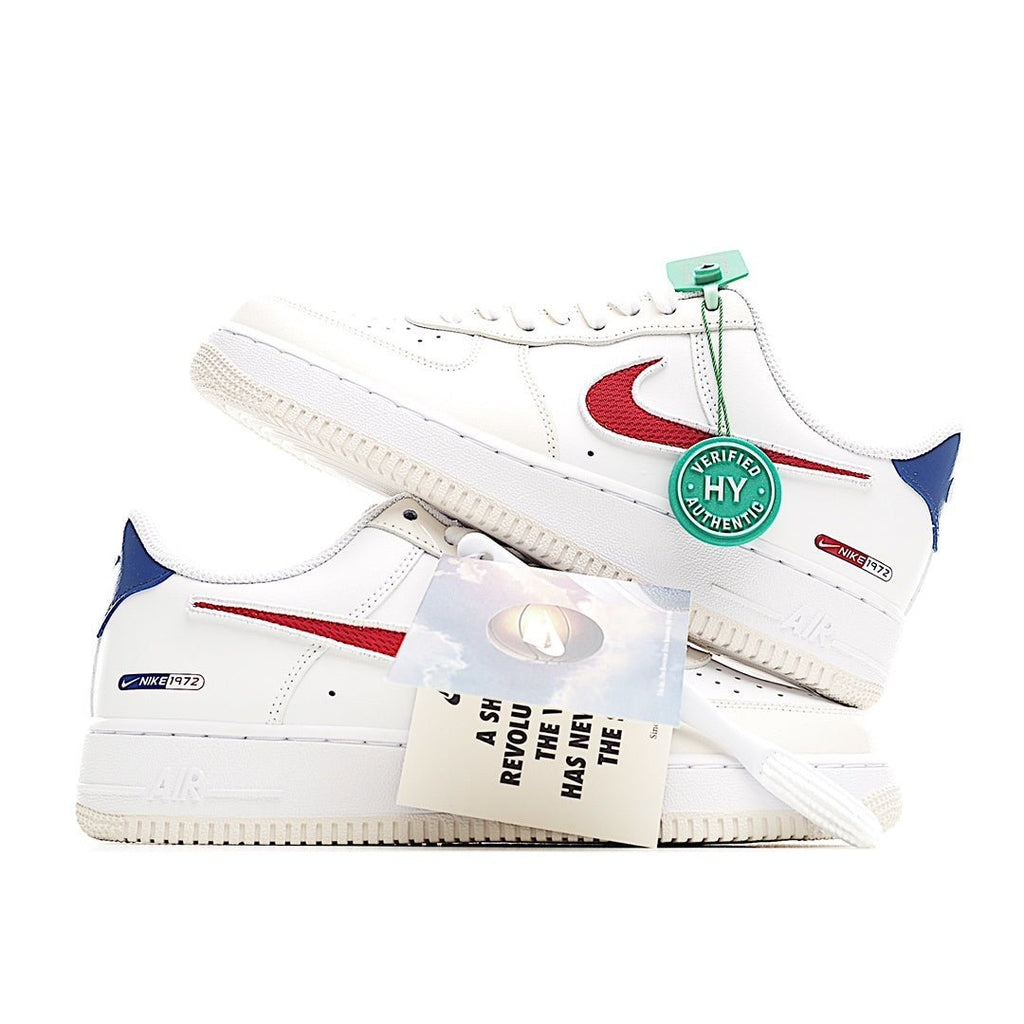 Nike Air Force 1 low-top sneakers, white leather with red swoosh, blue heel, mint tag