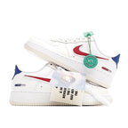 Nike Air Force 1 low-top sneakers, white leather with red swoosh, blue heel, mint tag