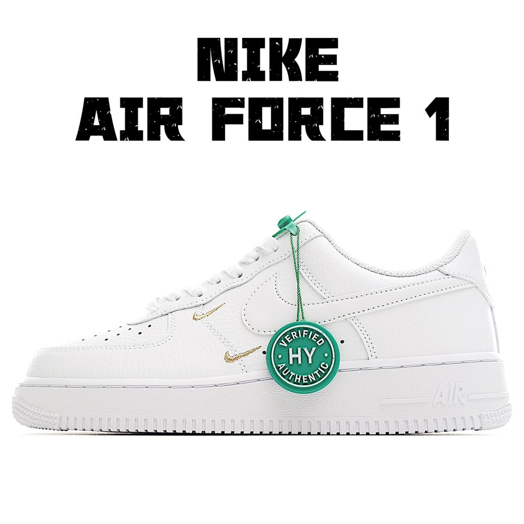 White Air Force 1 low-top sneaker with green lace tag and gold swoosh accents