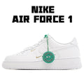 White Air Force 1 low-top sneaker with green lace tag and gold swoosh accents
