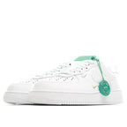 White Air Force 1 low-top sneaker side view with gold swoosh and green laces