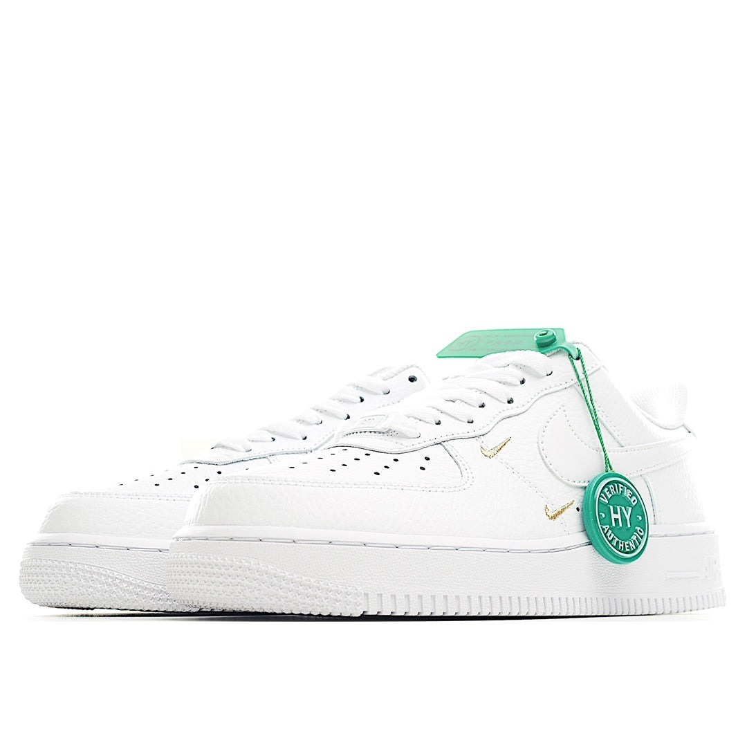 White Air Force 1 low-top sneaker side view with gold swoosh and green laces