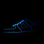 Dark sneakerscape of Air Force 1 silhouette with blue neon outline and laces
