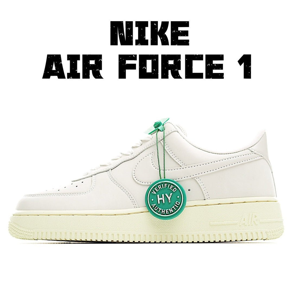 White low-top sneaker with green laces and HY Verified Authentic tag