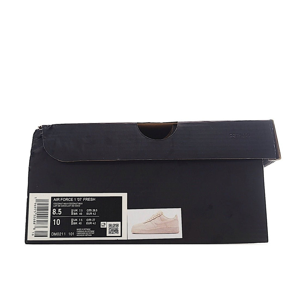 Black shoe box with size label and barcode, shown closed