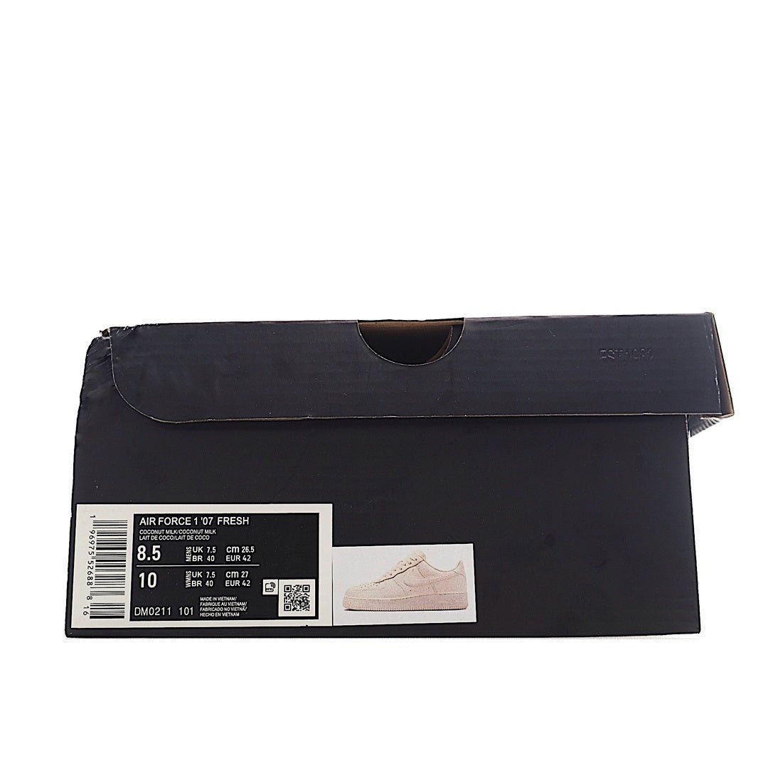 Black shoe box with size label and barcode, shown closed