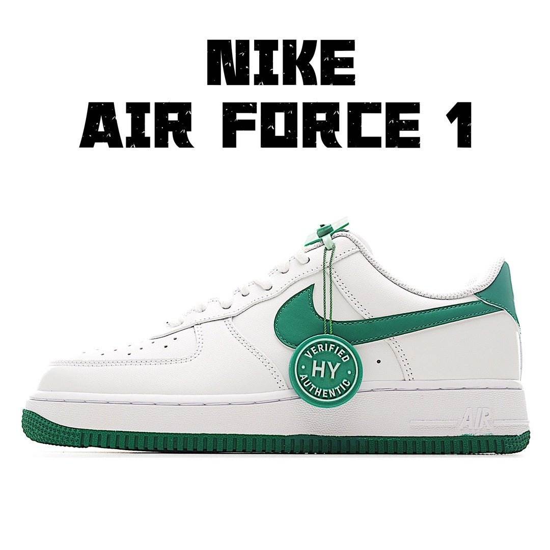 Nike Air Force 1 sneaker, white leather with green swoosh and lace-up detail
