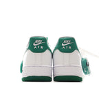 Nike Air Force 1 low-top sneakers, back view; white uppers with green heel panels