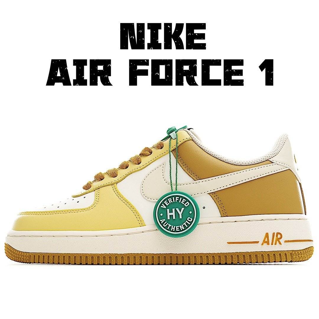 Nike Air Force 1 sneakers in yellow and white with green lace tag and gum sole