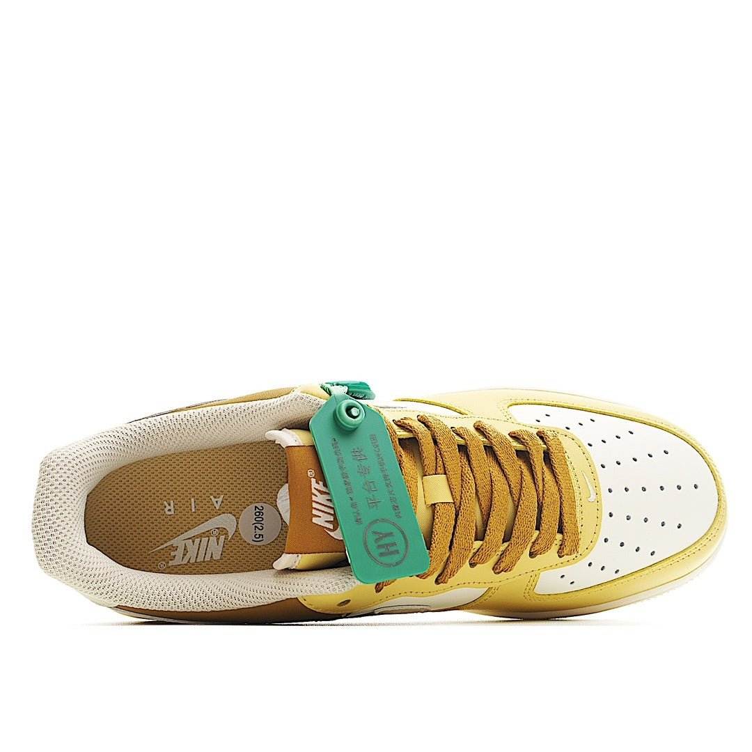 Nike Air Force 1 sneakers, side view, yellow with white panels and gum sole