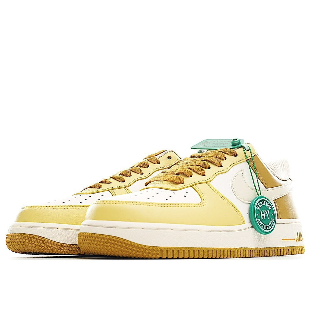 Air Force 1 low-top sneakers side view, yellow and white uppers with green accents and laces