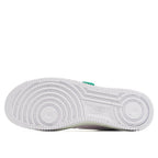 White rubber outsole with tread pattern and heel grip details