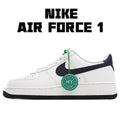 White low-top sneaker with black swoosh and green lace details, side view