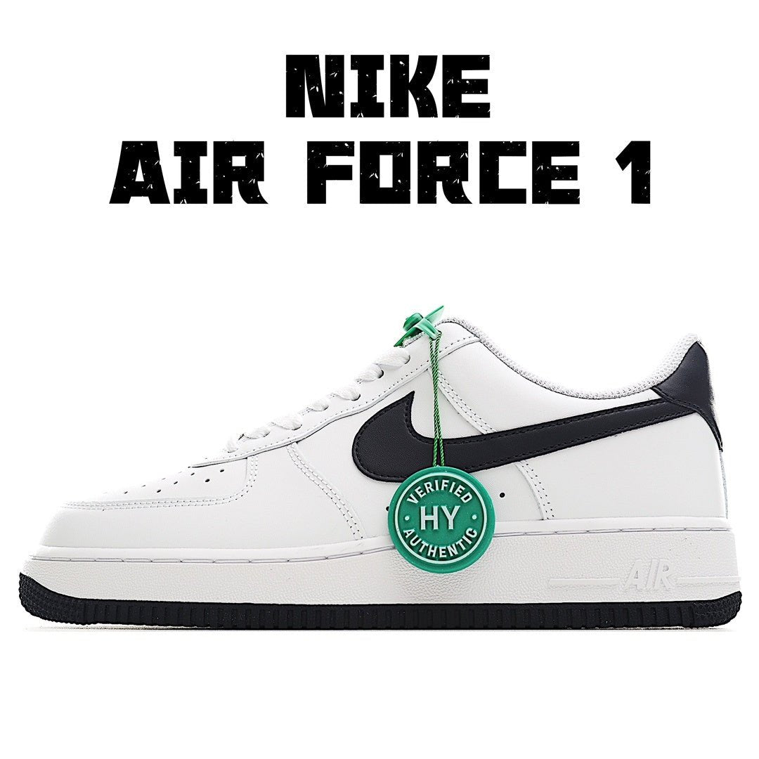 White low-top sneaker with black swoosh and green lace details, side view