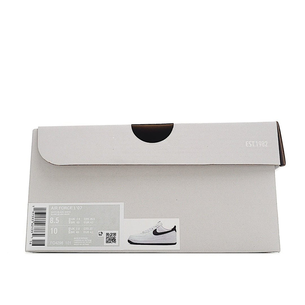 White Nike shoe box with barcode label and product photo, top view