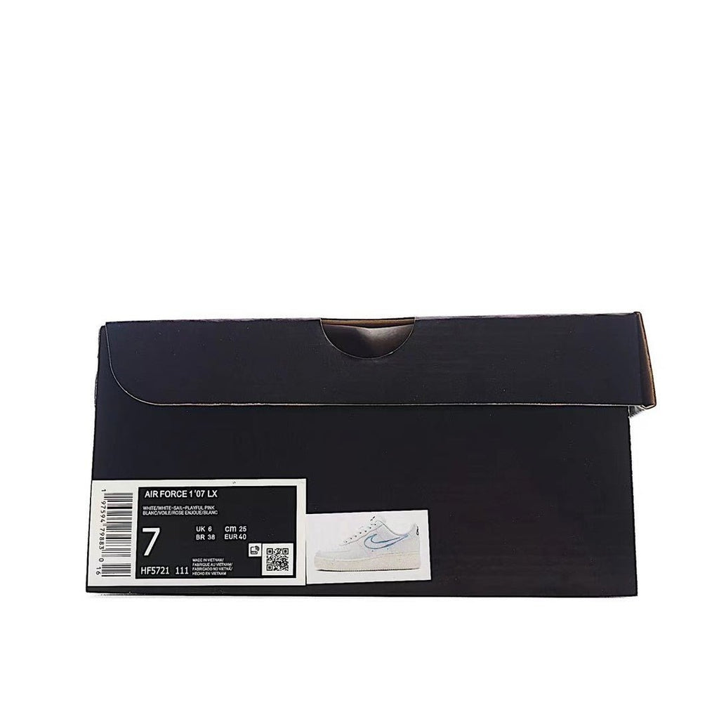 Black shoebox with white label and barcode for Air Force 1 sneakers
