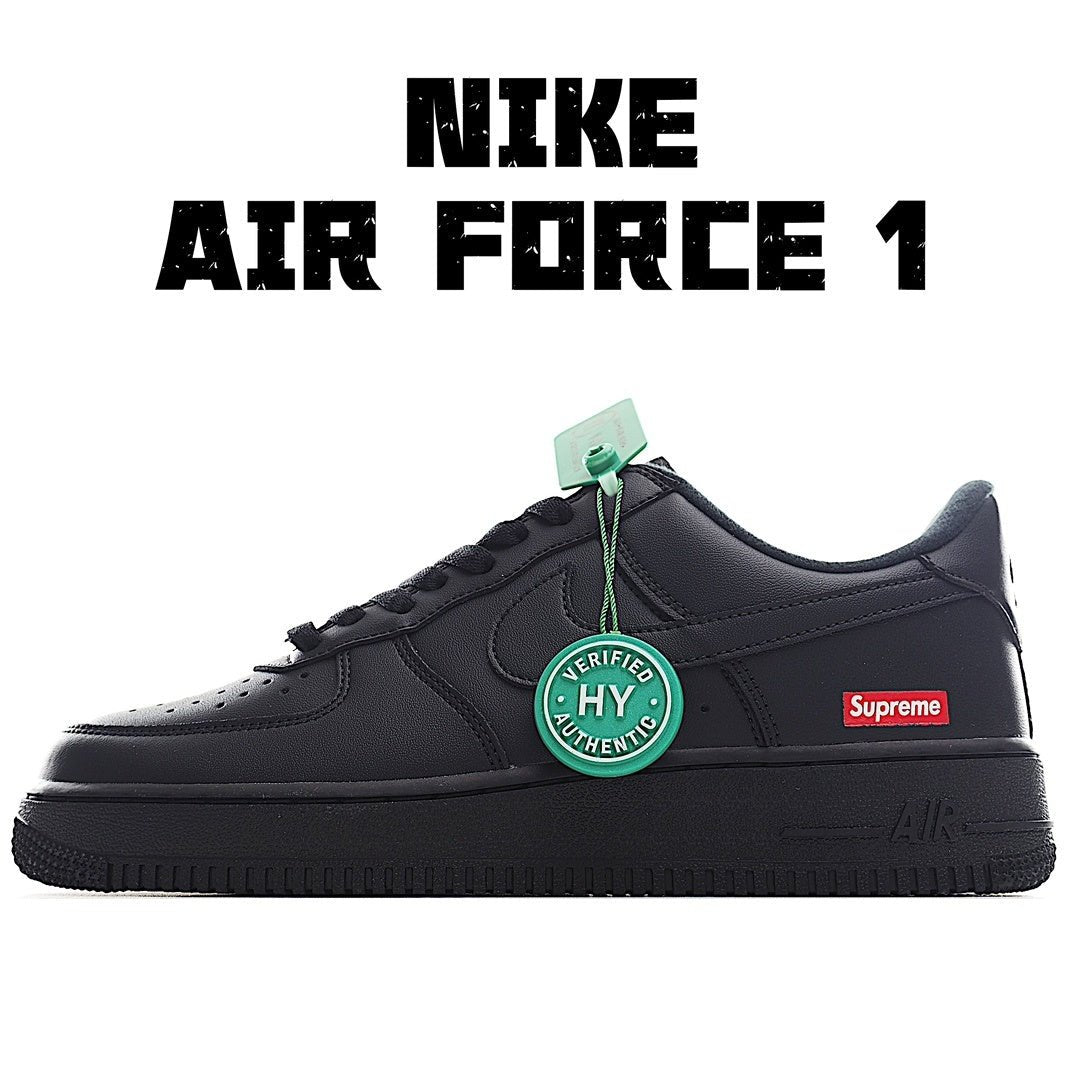 Nike Air Force 1 Low black sneaker, HY logo patch and Supreme side label