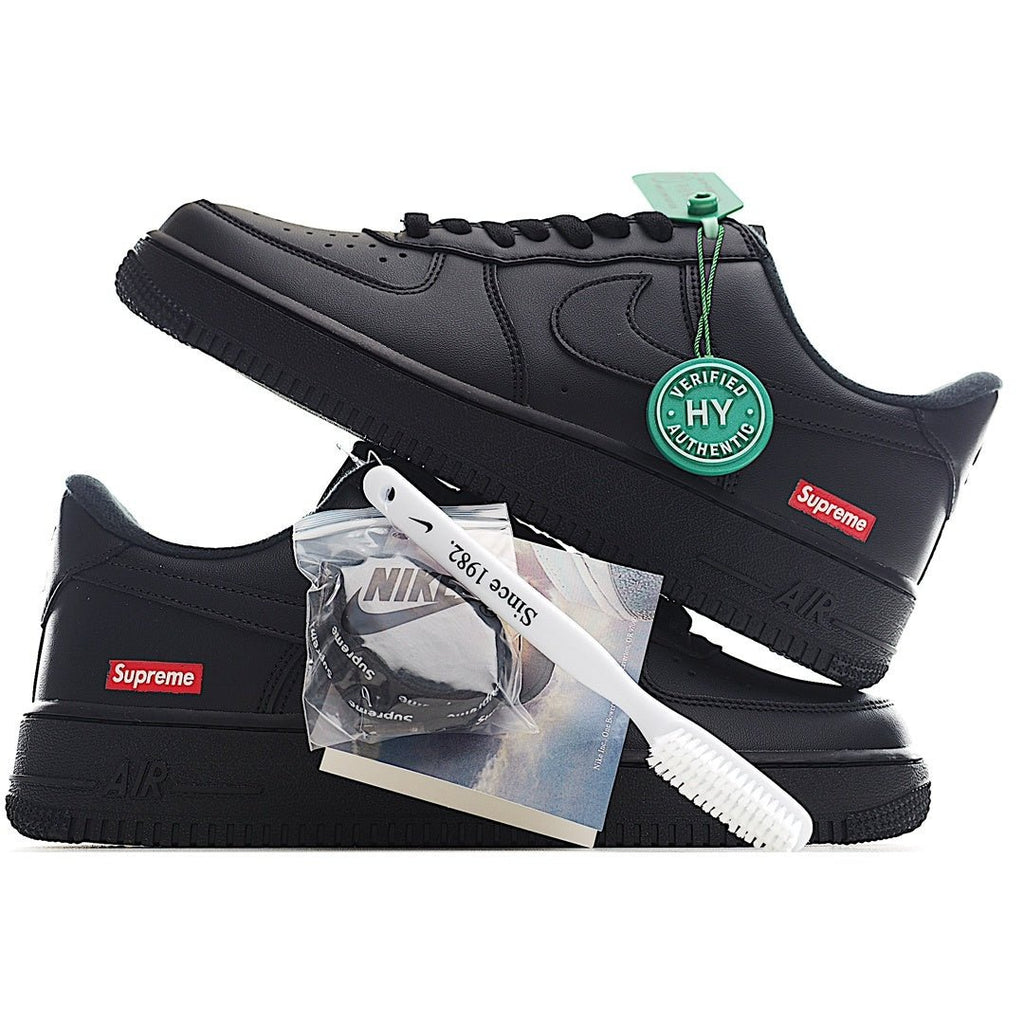 Nike Air Force 1 Low black sneakers with HY round badge and Supreme heel label