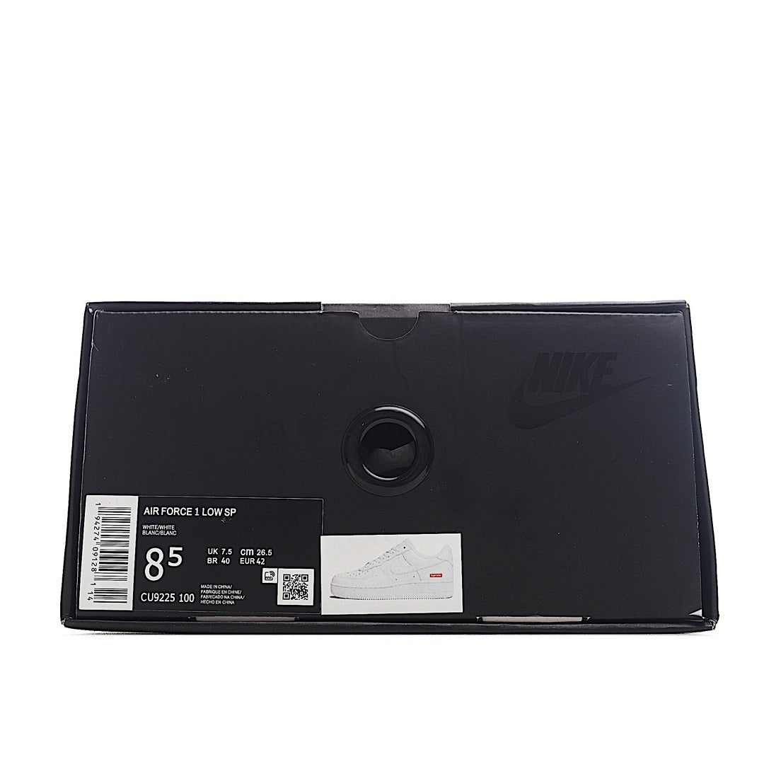 Black shoe box with “AIR FORCE 1 LOW SP” label and product tag