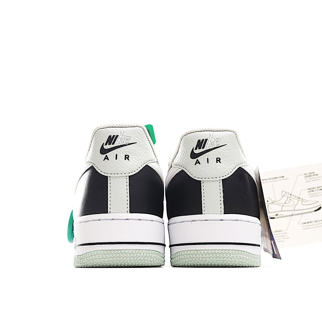 Nike Air Force 1-style sneakers, black and white heels with green heel accent.