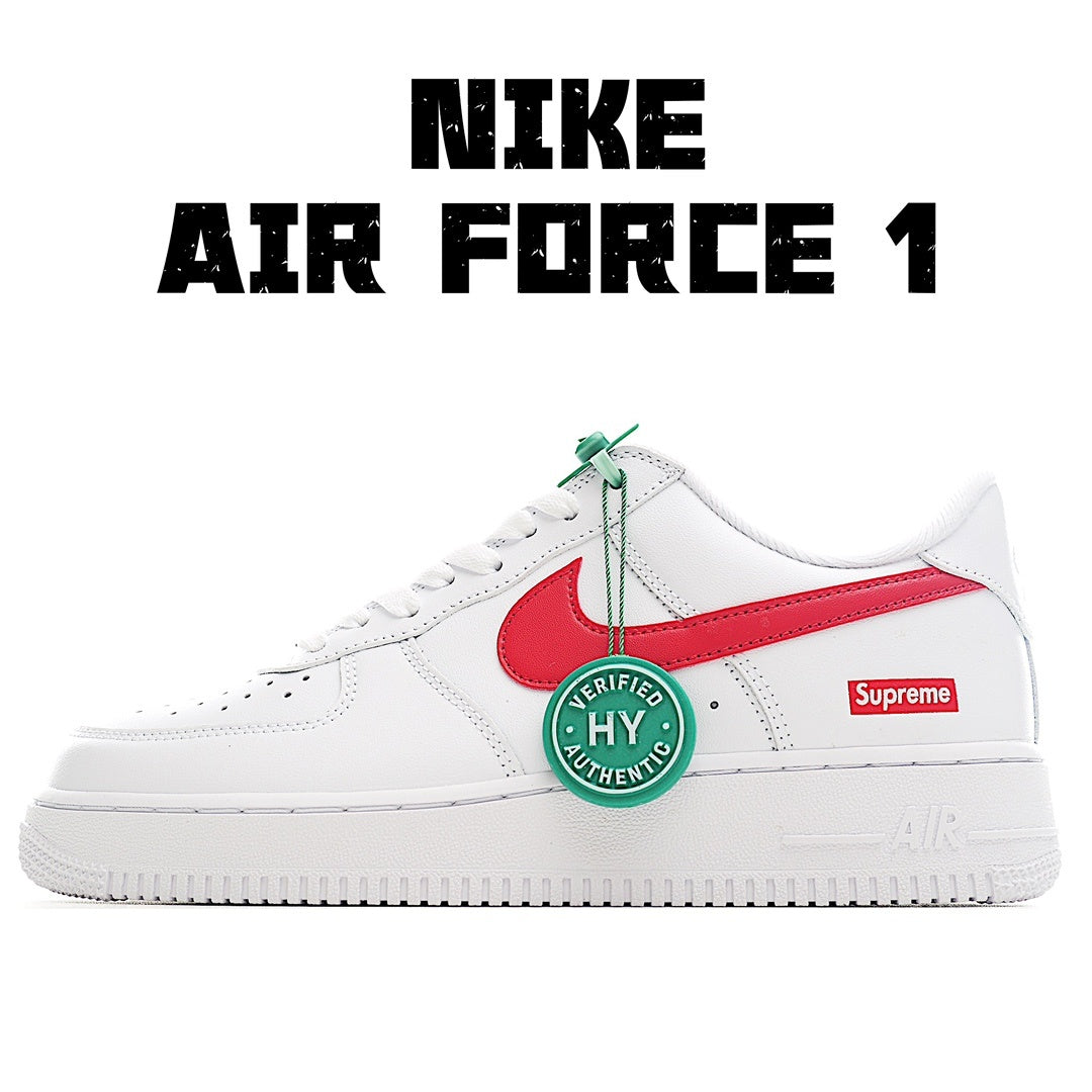 White low-top sneakers with red Nike swoosh and green hang tag, lace-up