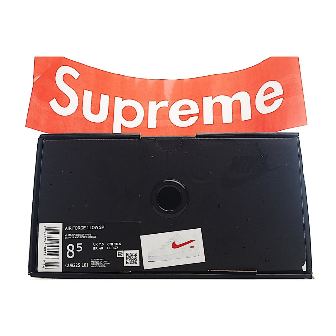 Black shoe box with orange Supreme logo and Nike Air Force 1 label