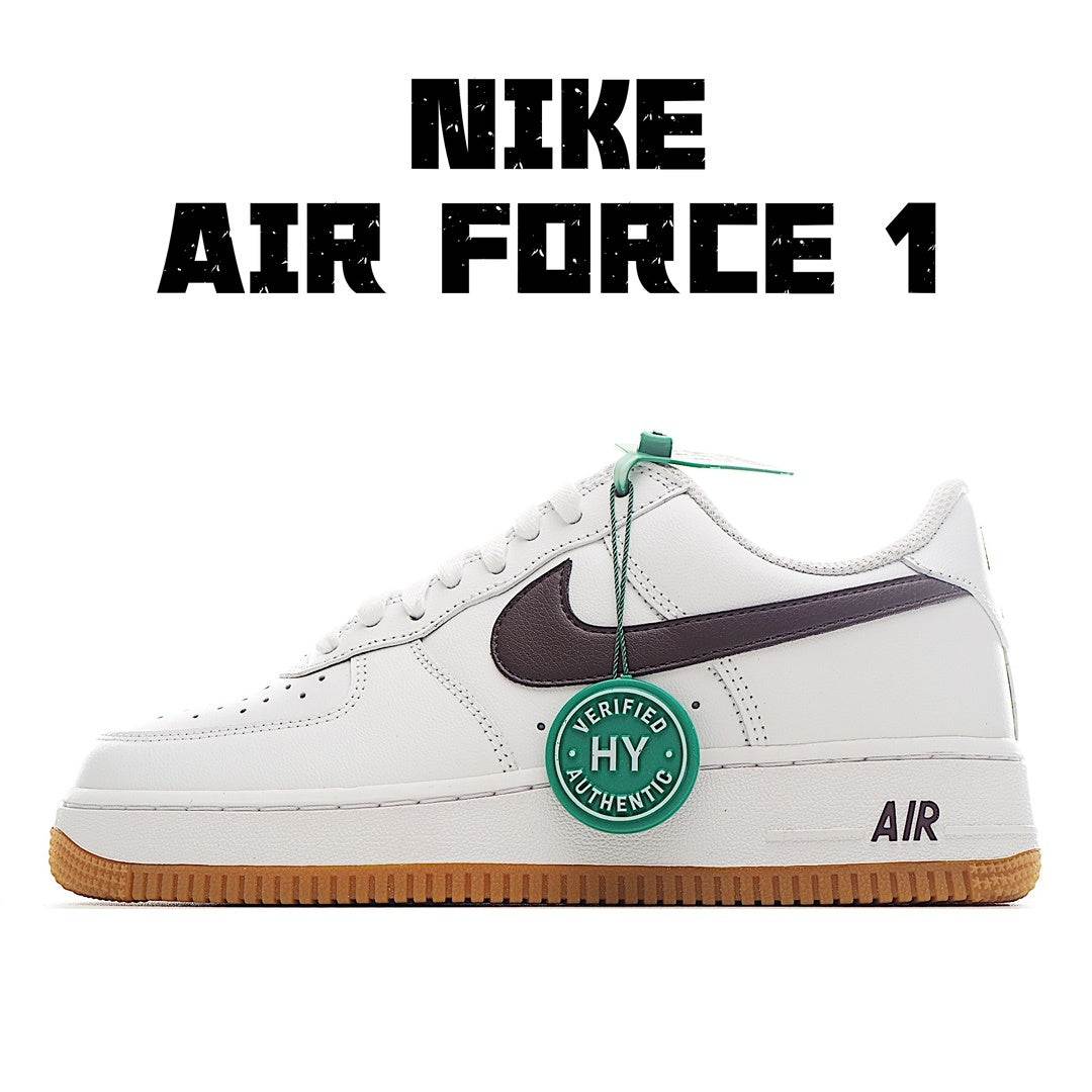 White Nike Air Force 1 low-top sneakers, brown swoosh, gum sole, HY authenticity tag