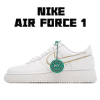 White Air Force 1 sneaker with green and gold swoosh, lace-up side view.
