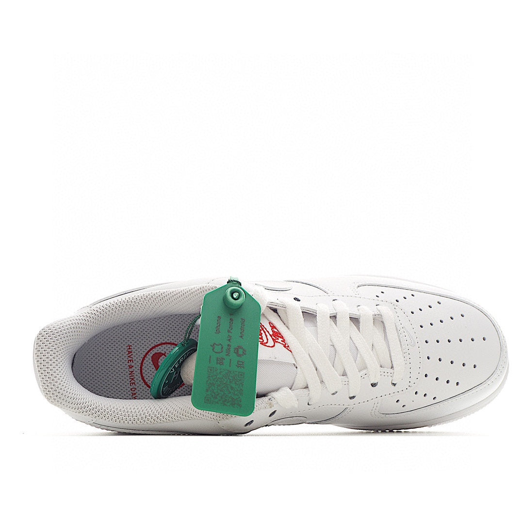Nike Air Force 1 sneakers, white with teal-lined collar and lace-up front