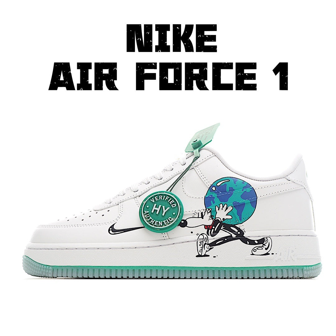 Nike Air Force 1 sneakers with graphic panel on side, white leather and teal trim